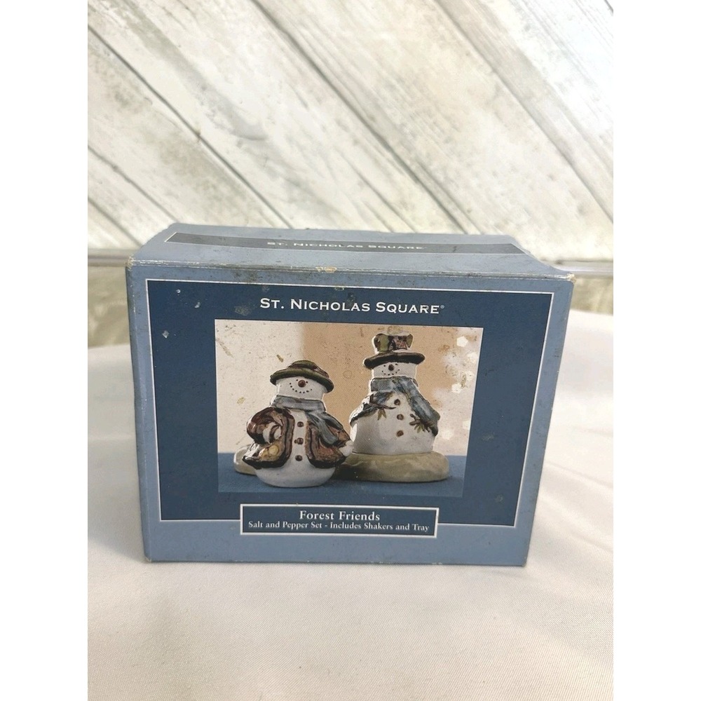 St Nicholas Square Snowman Salt Pepper Set Forest Friends Tray Box Set Christmas